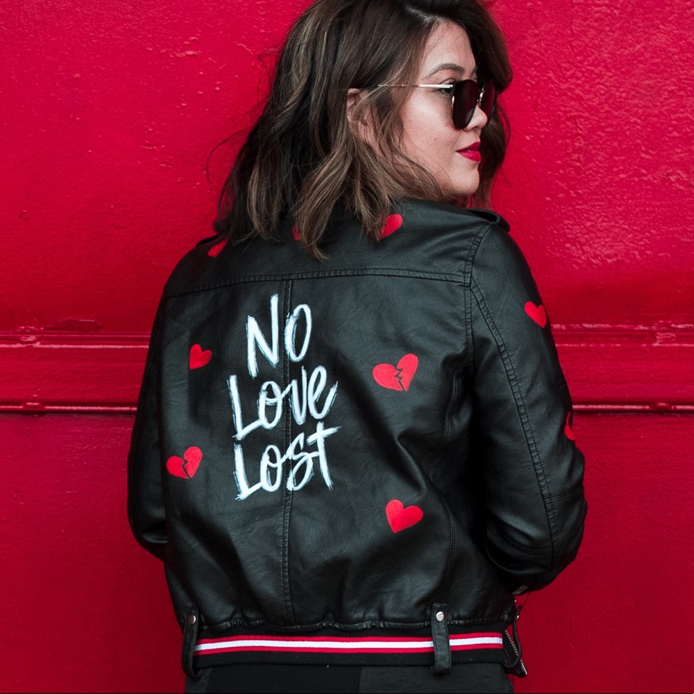 Custom Handpainted Leather Bomber with Hearts